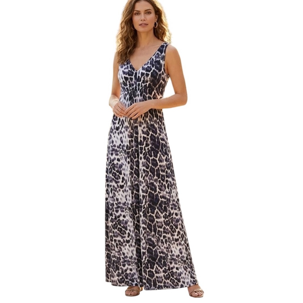 T. Tahari Leopard Print V-Neck Sleeveless Maxi Dress Black Size S​